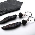 black lampwork glass and ceramic earrings, copper jewellery