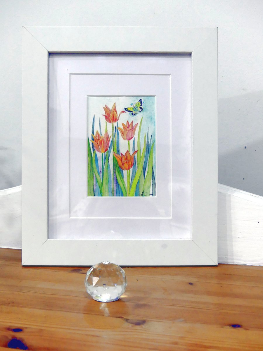 Framed Small Tulips and Butterfly Original Watercolour