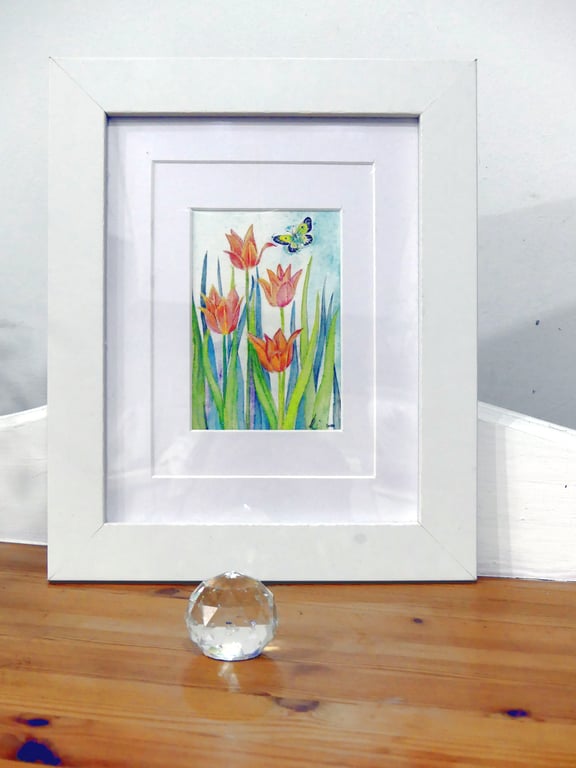 Framed Small Tulips and Butterfly Original Watercolour