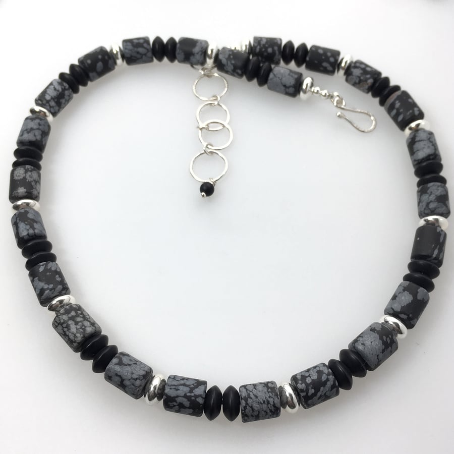 Sterling Silver, snowflake obsidian and black agate chunky necklace 