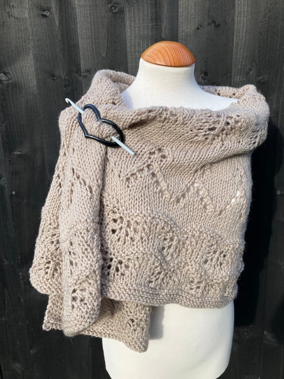One Off Handknitted Crescent Lace Shawl Scarf Wrap in Taupe Wool Blend