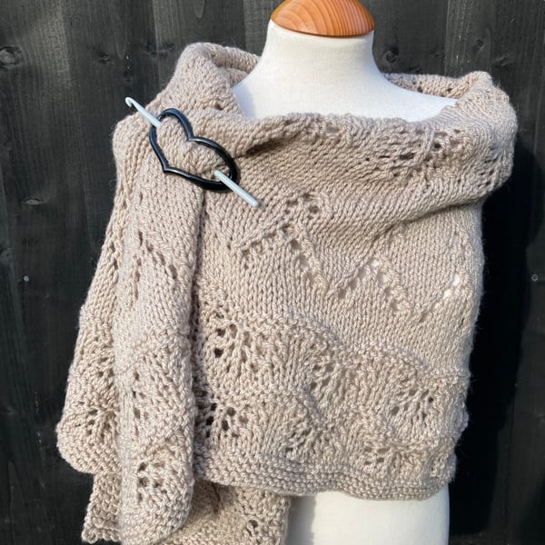 One Off Handknitted Crescent Lace Shawl Scarf Wrap in Taupe Wool Blend