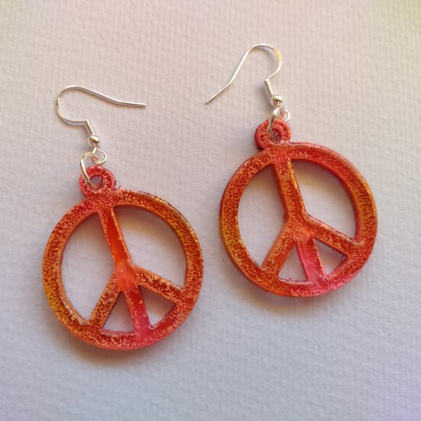 Fiery Orange Pink 'Peace' Earrings Handmade With Resin. 925 Silver Hooks.