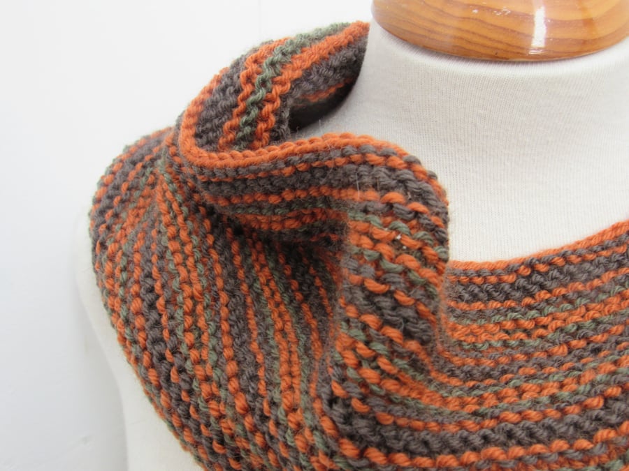 Dark Brown Orange Striped Knit Pure Wool Cowl Scarf