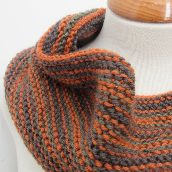 Dark Brown Orange Striped Knit Pure Wool Cowl Scarf