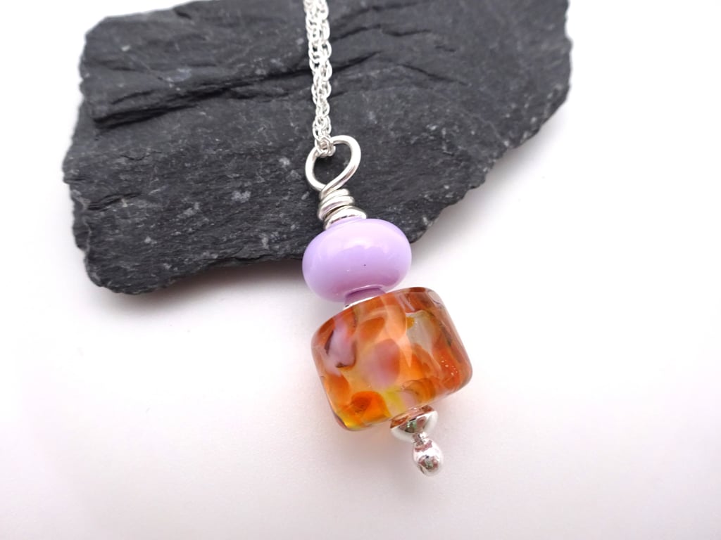 lampwork glass orange and lilac pendant necklace