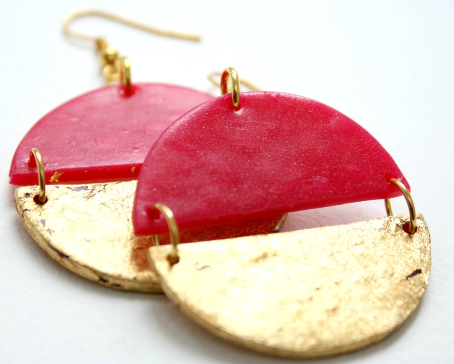 Pink and gold split circle dangle earrings
