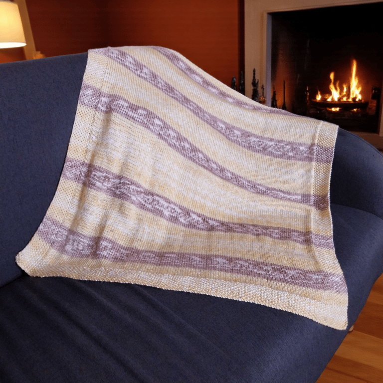 Hand Knitted Baby Blanket, Neutral Yellow & Brown Stripes 