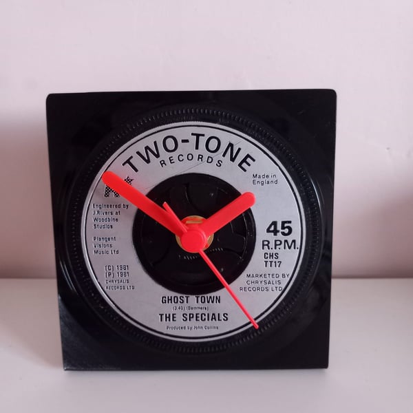 Vinyl Record Desk Clock upcycled from a vintage 7" single, The Specials, Ghost T