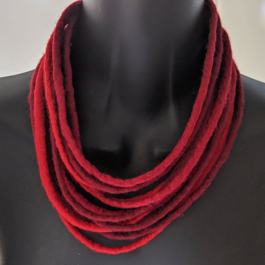 Felted cord necklace in shades of red - scarlet, pillar box and ruby