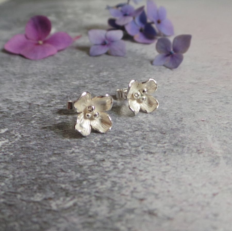 Hydrangea Stud Earrings Silver - Flower Earrings Gift for Her