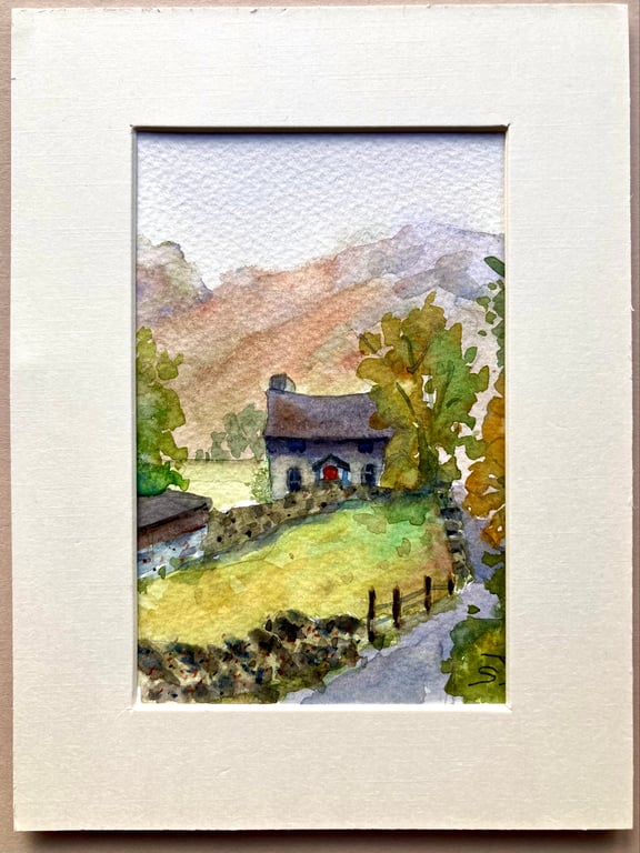 English cottage Lake District Cumbria original small art watercolour 