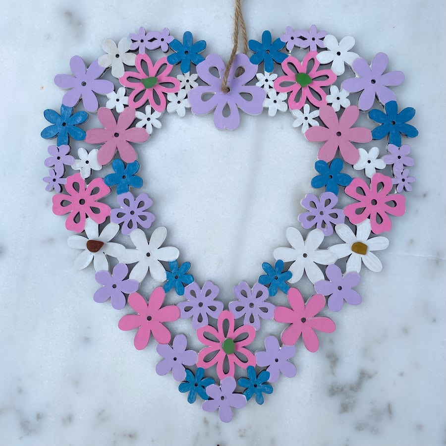 SALE Hanging wooden heart with Cornwall sea glass