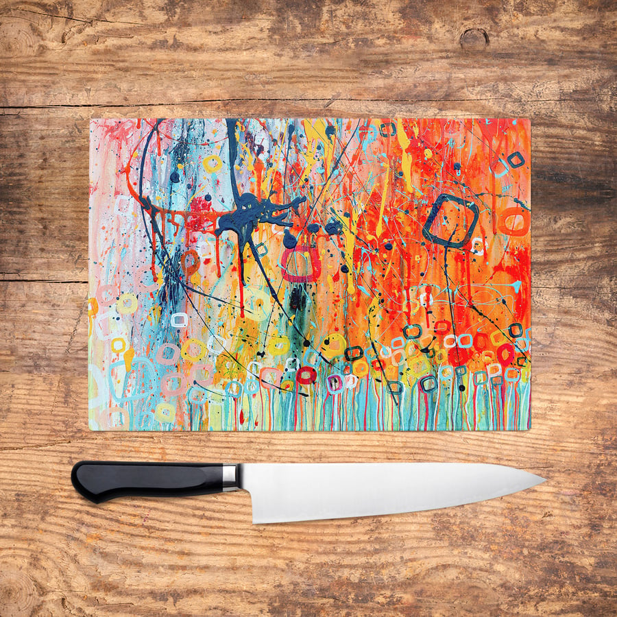 Orange Blue Glass Chopping Board - 'Jellyfish' Fluid Art Worktop Saver, Platter,