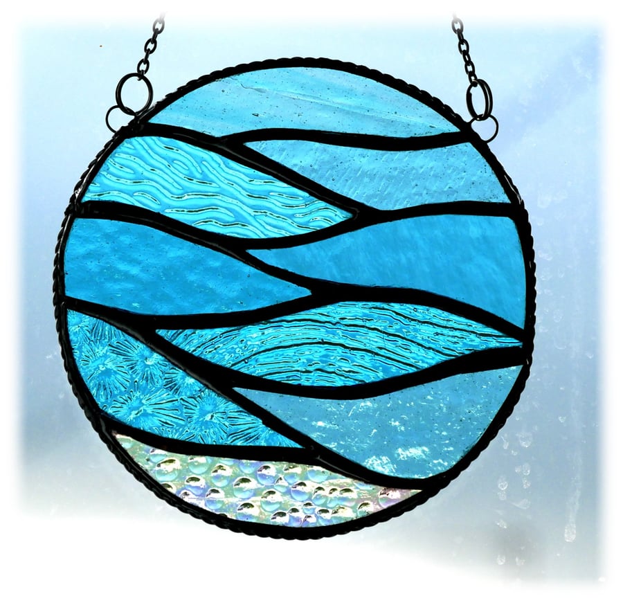 Making Waves Aqua Stained Glass Suncatcher Handmade Ring Sea