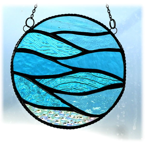 Making Waves Aqua Stained Glass Suncatcher Handmade Ring Sea