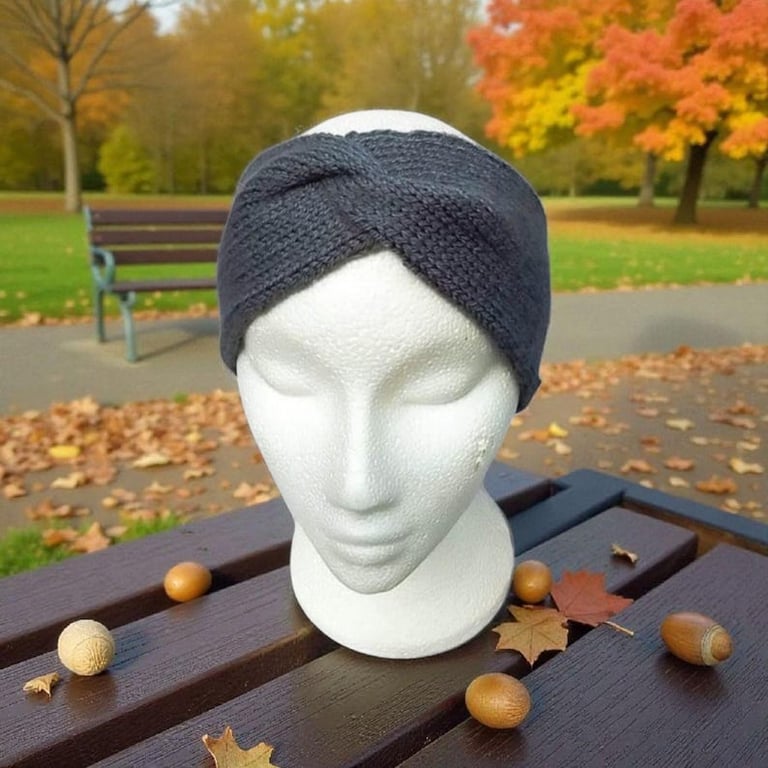 Hand knitted twisted headband ear warmer turban style grey 
