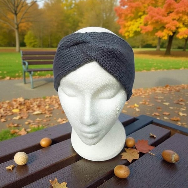 Hand knitted twisted headband ear warmer turban style grey 