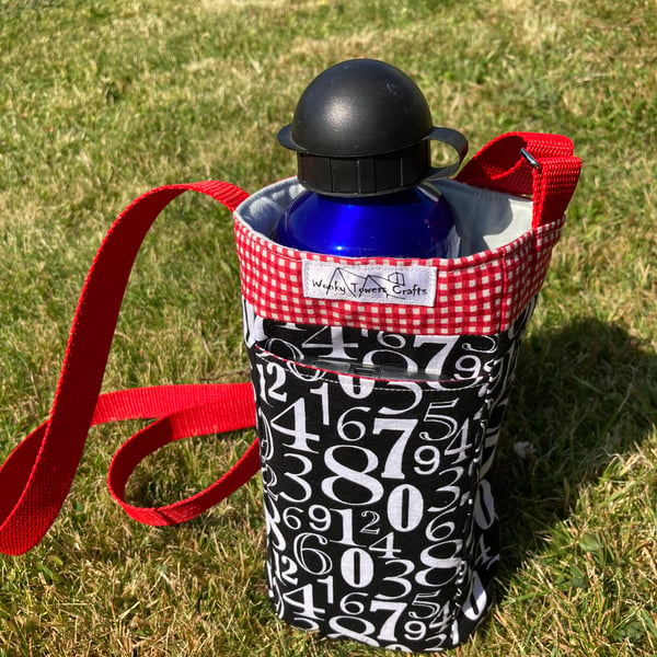 Water bottle carrier with pocket for phone - black and red