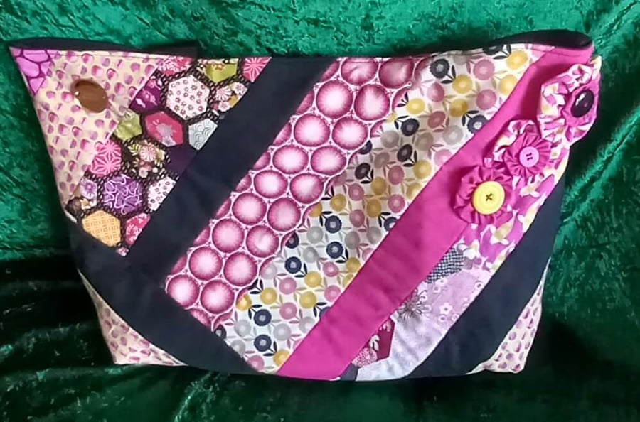 Pink Yellow and Black Patchwork Quilted Tote Bag