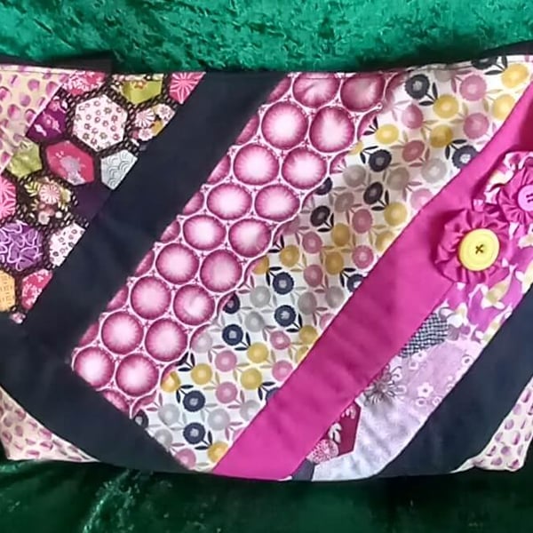 Pink Yellow and Black Patchwork Quilted Tote Bag