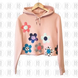 Andeawy Pink Daisy Flower Patch Rework Cropped Upcycle Hoodie