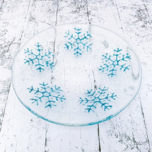 Fused Glass Bubbly Snowflake Dish - Handmade Fused Glass Dish