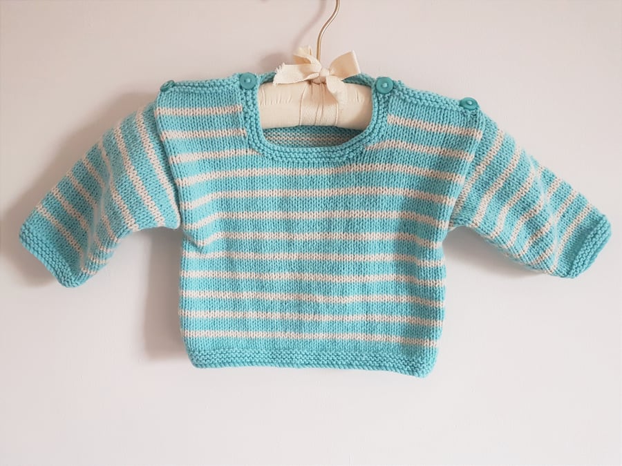 Hand Knitted Turquoise and Cream Toddler Jumper 20"