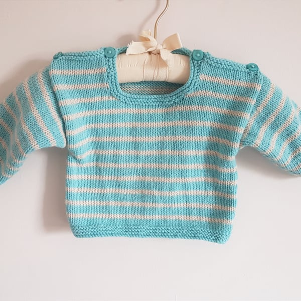 Hand Knitted Turquoise and Cream Toddler Jumper 20"