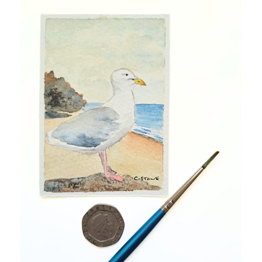 Original ACEO Miniature Seagull on Beach, Watercolour Painting