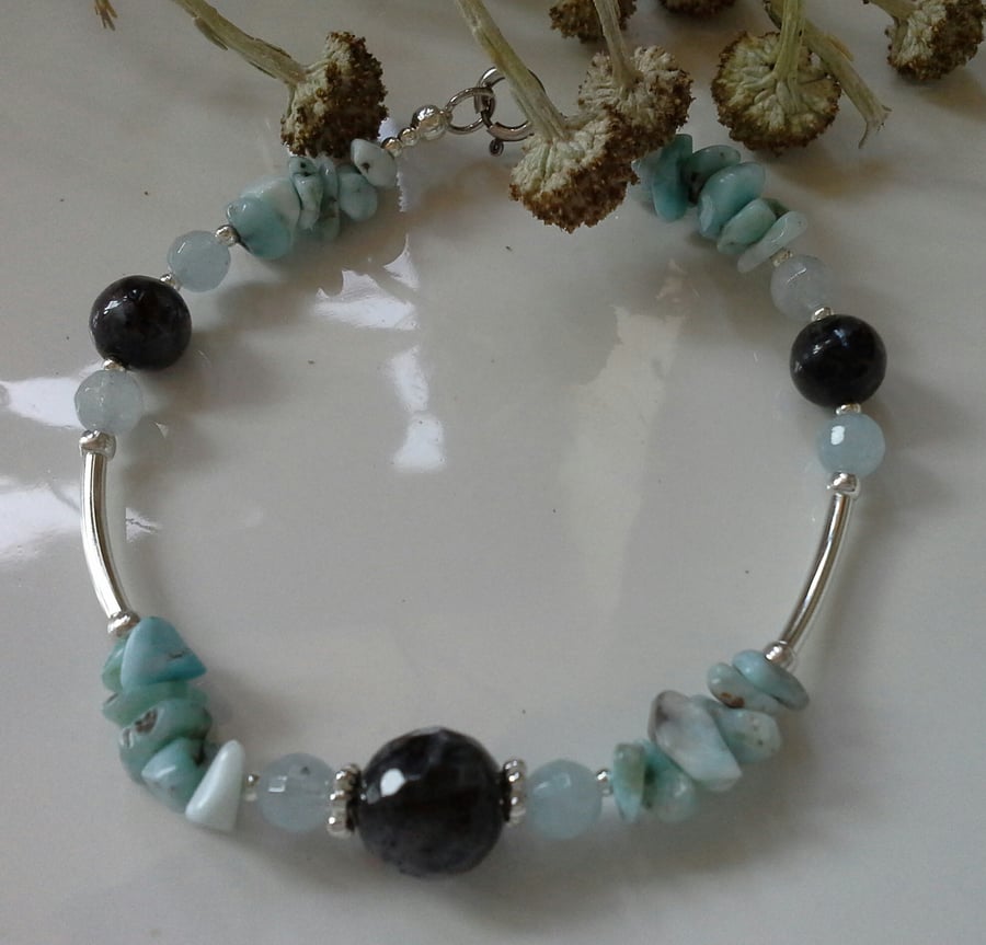 Larimar,  Aquamarine ; Labradorite Sterling Silver Bangle Style Bracelet
