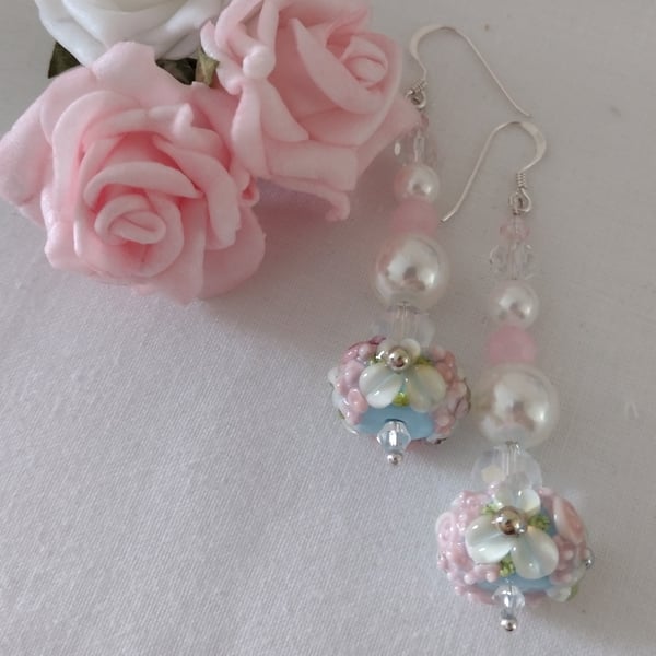 Blue and Pink Floral lampwork glass bead earrings 