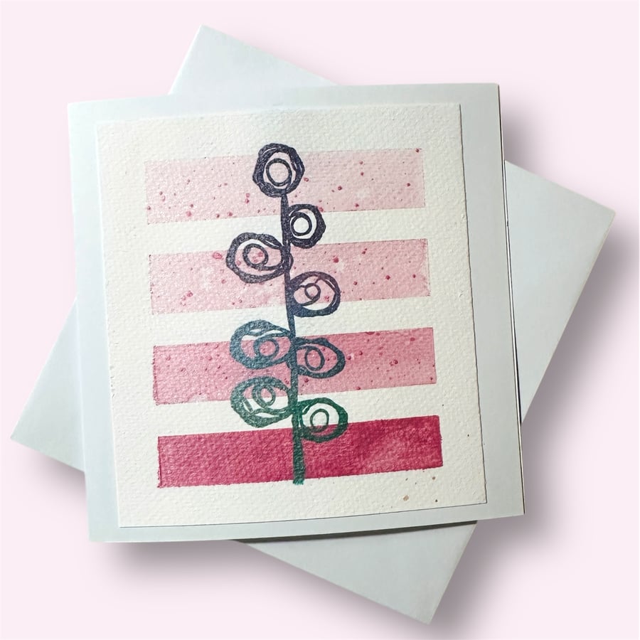 Hand painted pink abstract floral blank card, metallic  shimmer, Watercolour