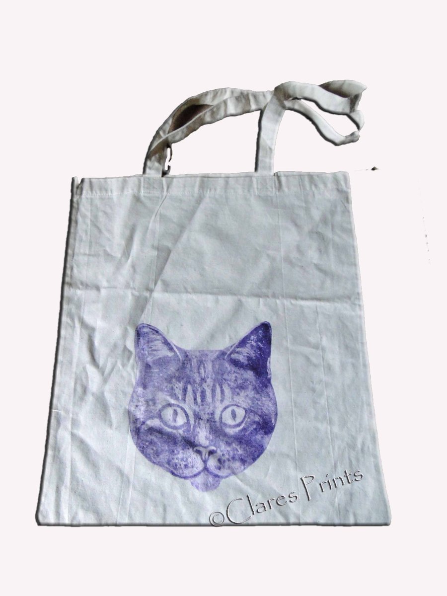 Sale Purple Cat Collagraph Hand Printed Cream Tote Shopping Bag