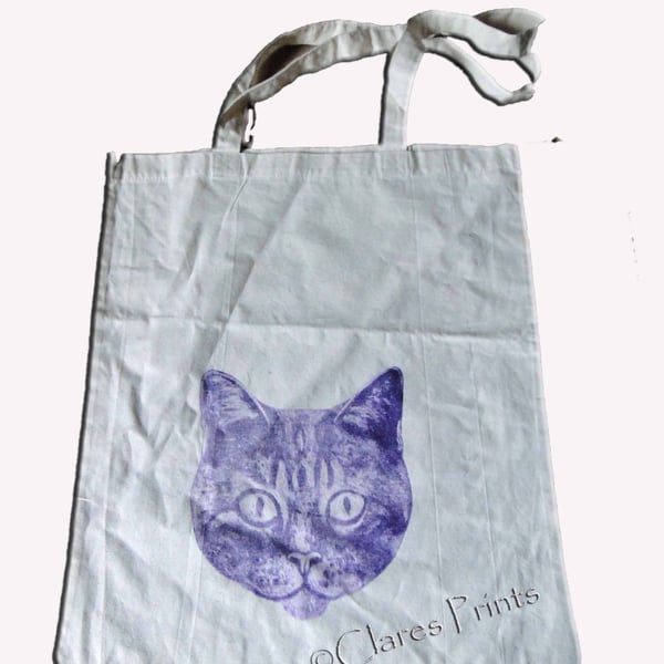 Sale Purple Cat Collagraph Hand Printed Cream Tote Shopping Bag