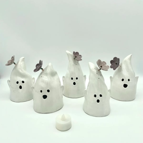 Carved Ceramic Ghost Spooky Halloween Flower Decoration Tealight Lantern