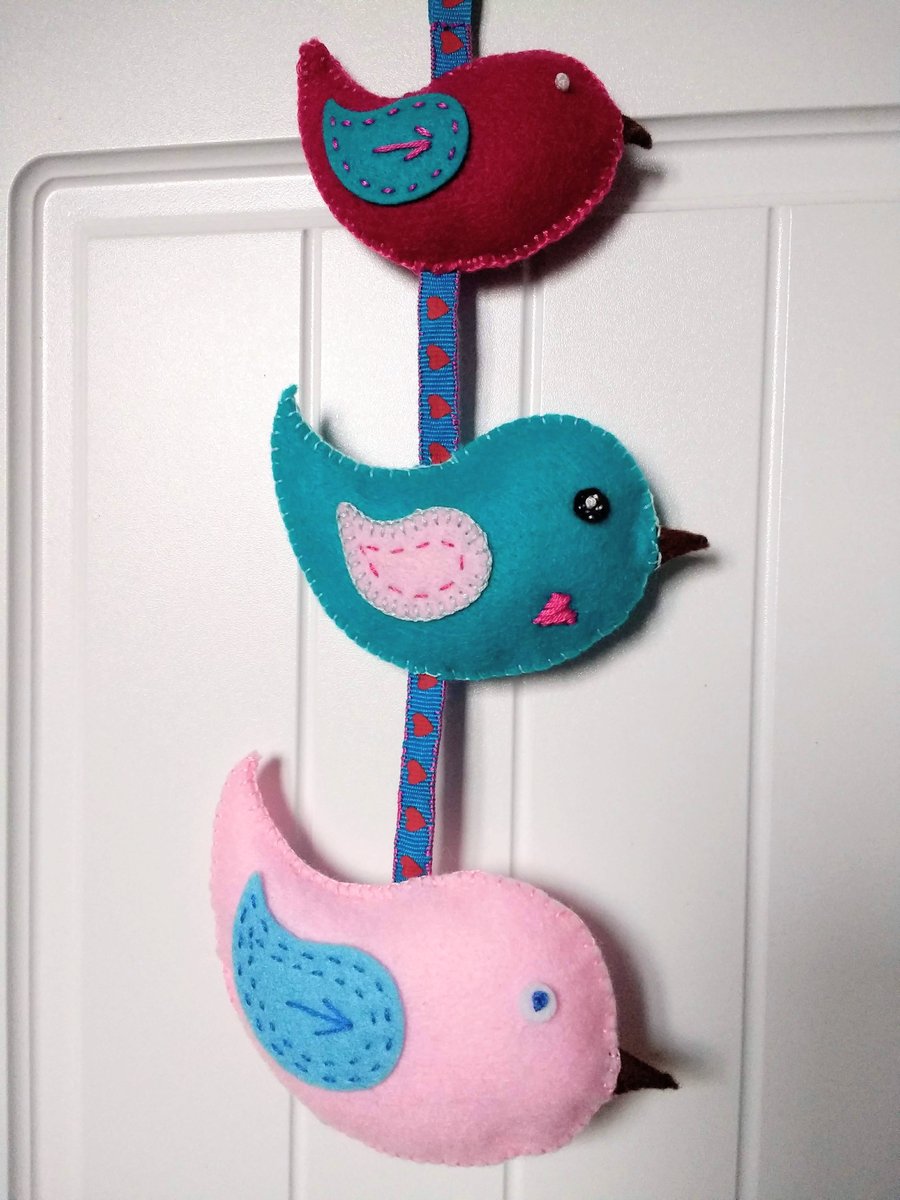 Trio of hand embroidered felt birds, hanging decoration