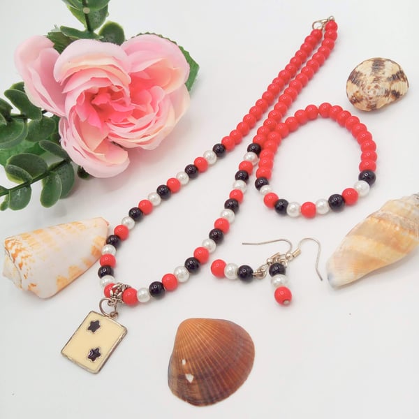 White Red and Black Pearl Jewellery Set with Enamel Pendant, Gift for Her