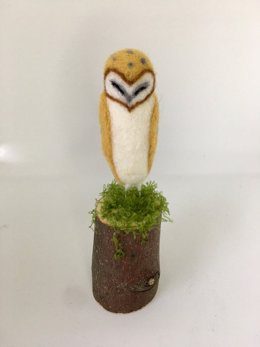 Needle Felted Barn Owl, Ornament, on Wooden Mount