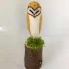 Needle Felted Barn Owl, Ornament, on Wooden Mount