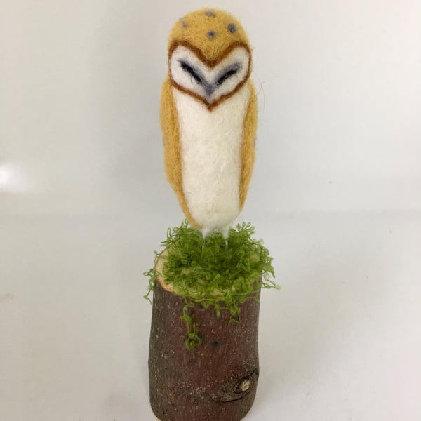 Needle Felted Barn Owl, Ornament, on Wooden Mount