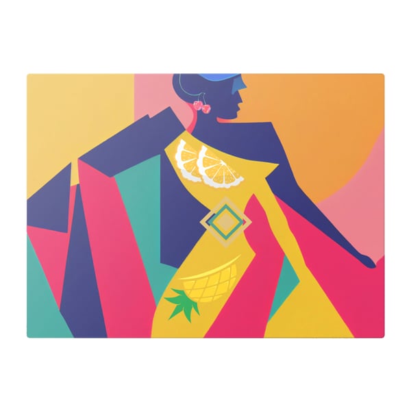 Art Deco Style Woman Adorned With Oranges & Cherry Earrings Glass Chopping Board