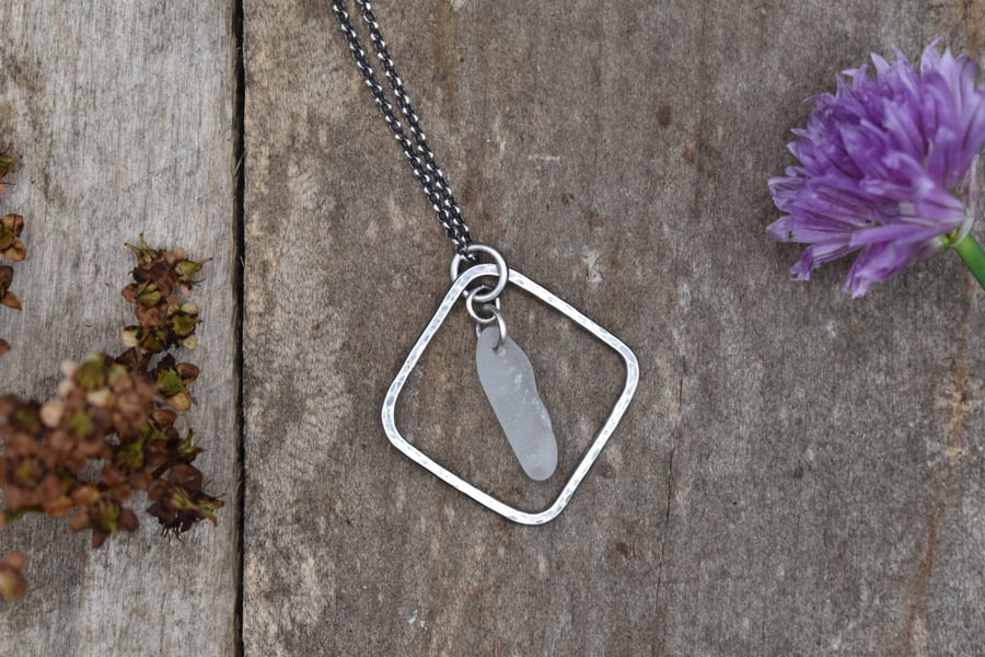 Scottish Sea Glass and Recycled Sterling Silver Square Necklace, White