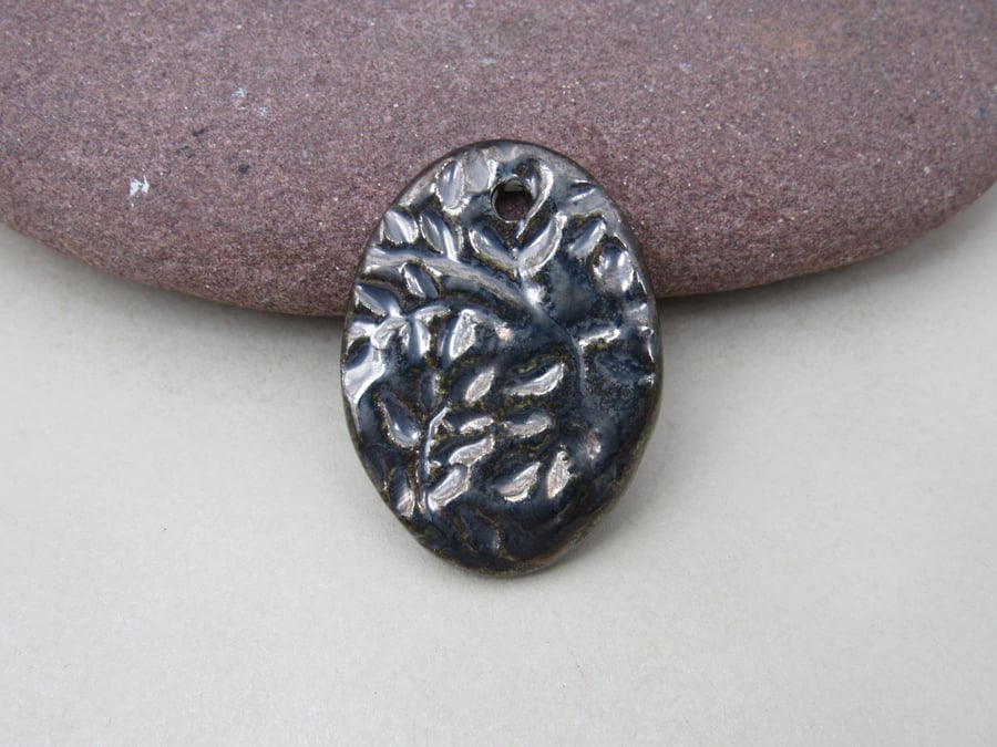 Large Metallic Silver Leaf Sprig Ceramic Pendant