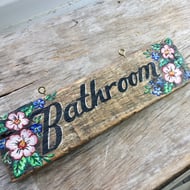 bathroom door sign handpainted reclaimed wood 