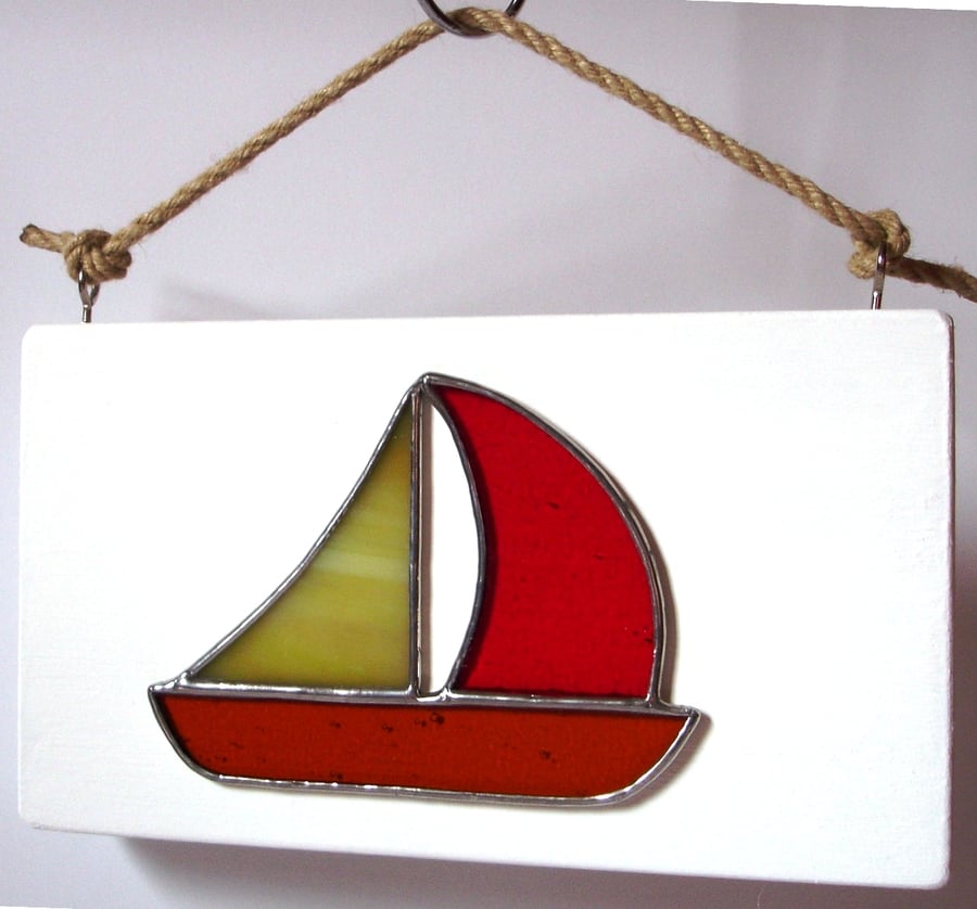 STAINED GLASS BOAT WALL PLAQUE