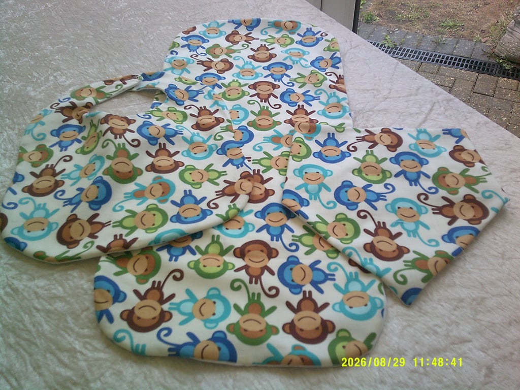 Burp Cloth, Dribble Bib and bib Set with blue and Brown Monkeys