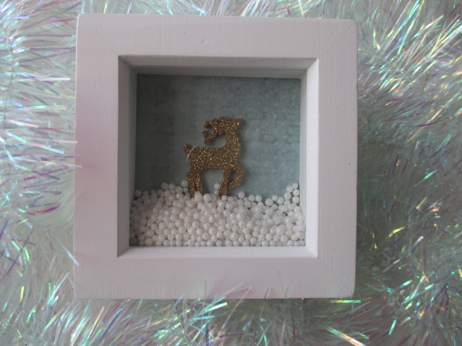Stag Deer Box Frame Christmas Decoration Snow Scene Gold Glitter and Snowballs