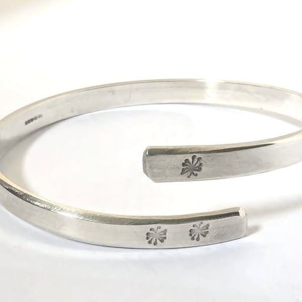 Dandelion Bangle, Recycled Sterling Silver, Hand Stamped
