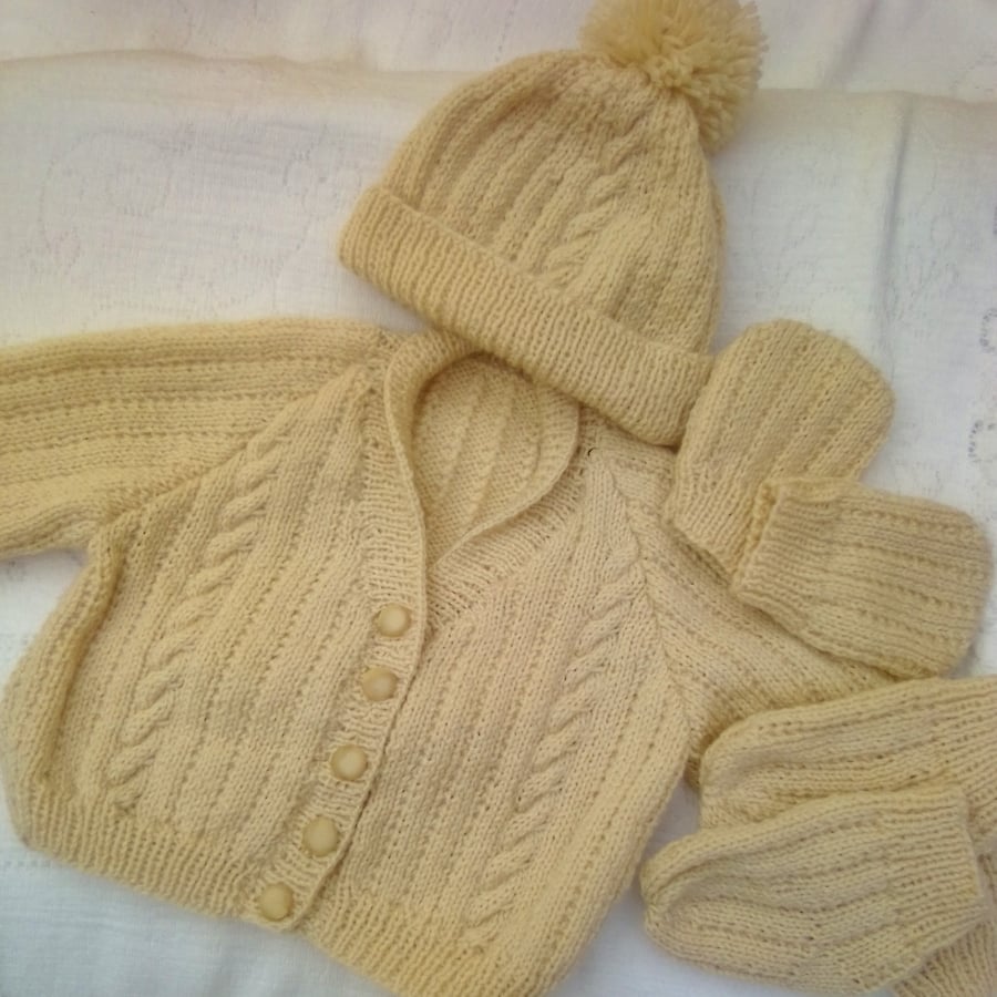 Baby's Cabled Front 4 Piece Cardigan Set, Baby Shower Gift, Prem Sizes Available